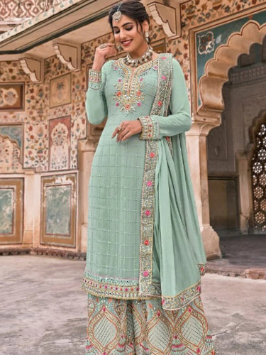 Georgette Fabric Embroidered Festive Wear Designer Sharara Suit In Sea Green Color