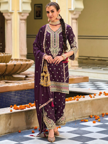 Grape Wine Embroidered Sequins Silk Palazzo Suit Set