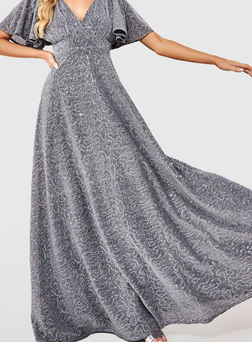 Goddiva Silver Glitter Sequin Embroidered Maxi Dress