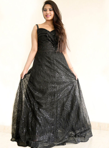 Black Sequins Georgette Gown