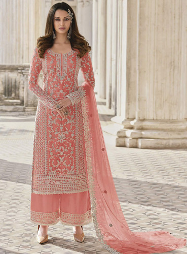 Peach Embroidered Netted Pakistani Suit