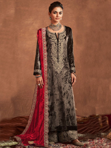 Dark Grey Silk Velvet Zari Lace Un-Stitched Suit Set