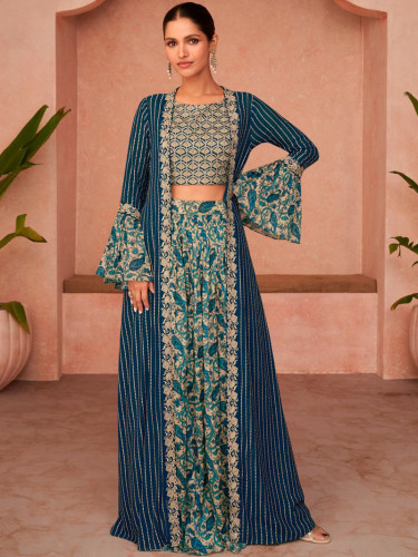 Teal Georgette Stitched Embroidered Suit Set