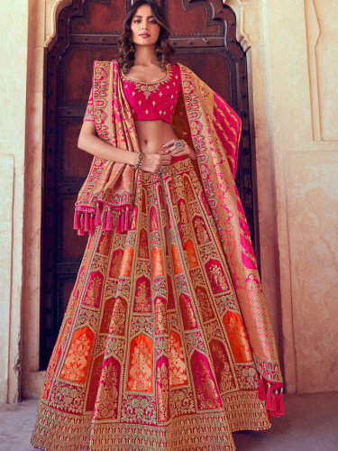 Orange And Pink Banarasi Silk Embroidered Designer Lehenga