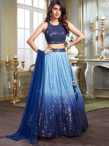 Women Blue Net & Georgette stitched Lengha with stitched