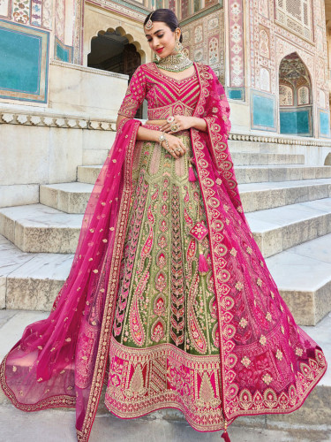 Bridal Pink And Green Heavy Embroidered Designer Lehenga Set