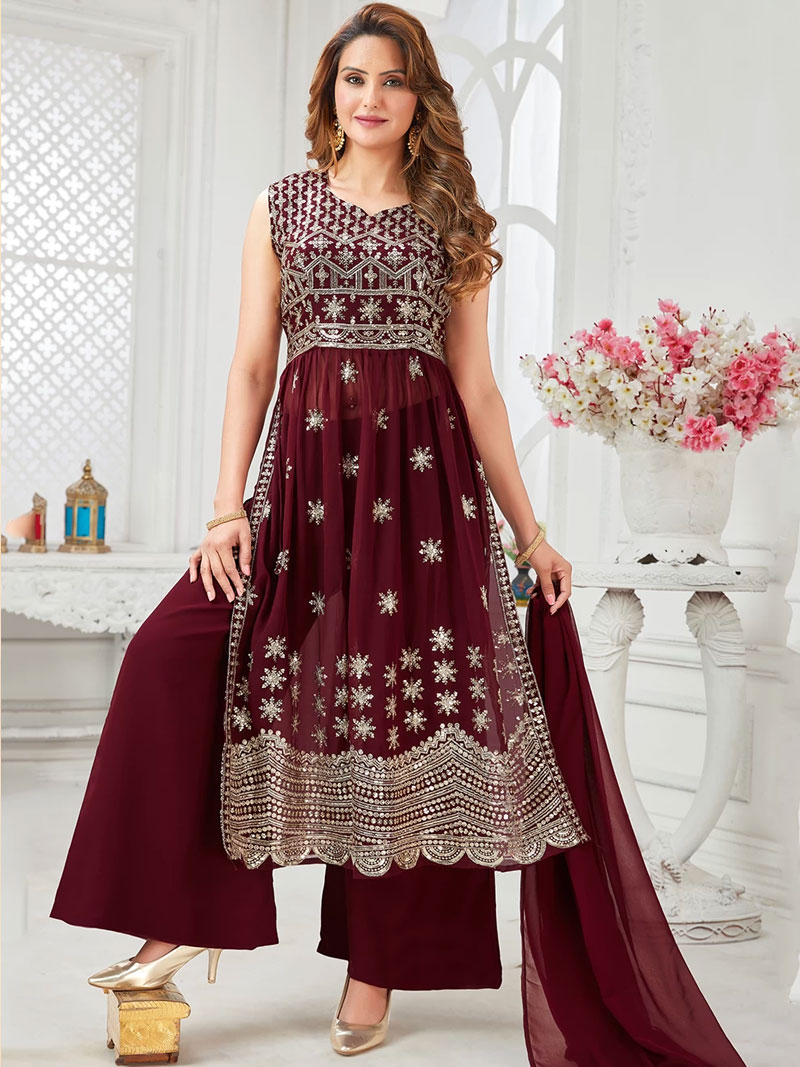 Wine Embroidered Readymade Georgette Palazzo Suit Set