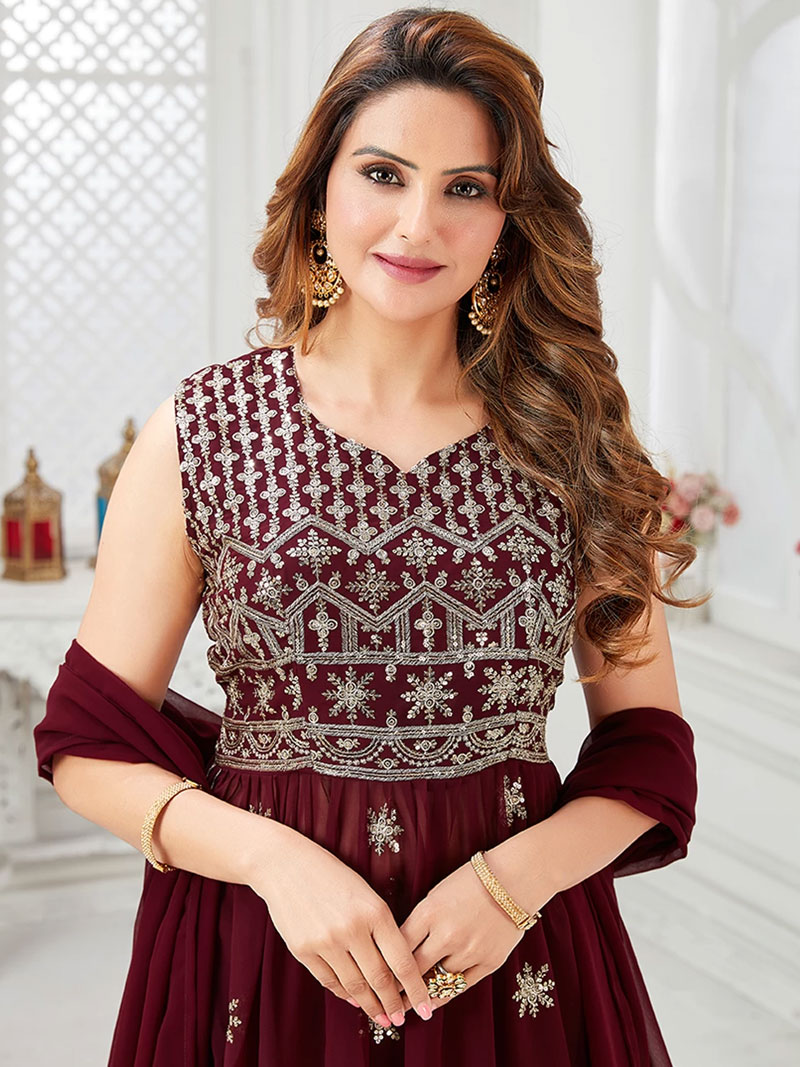 Wine Embroidered Readymade Georgette Palazzo Suit Set