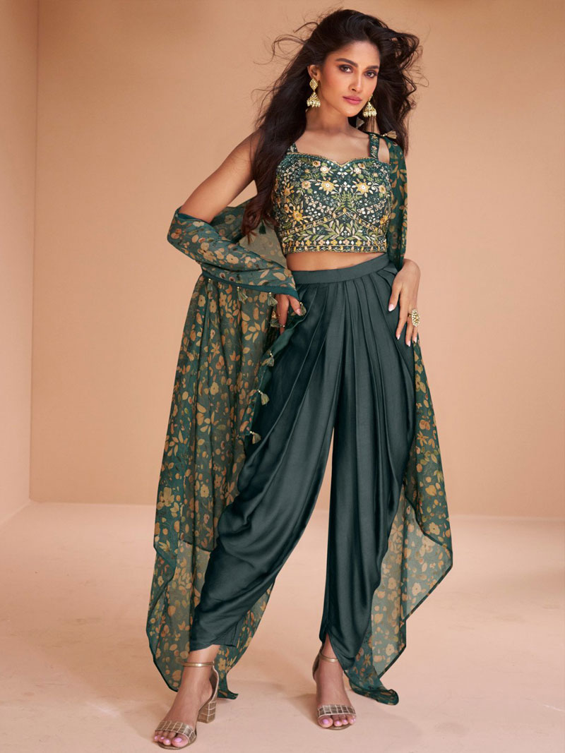 Teal Green Satin Blend Embroidered Indowestern Sets and Suits Party Wear