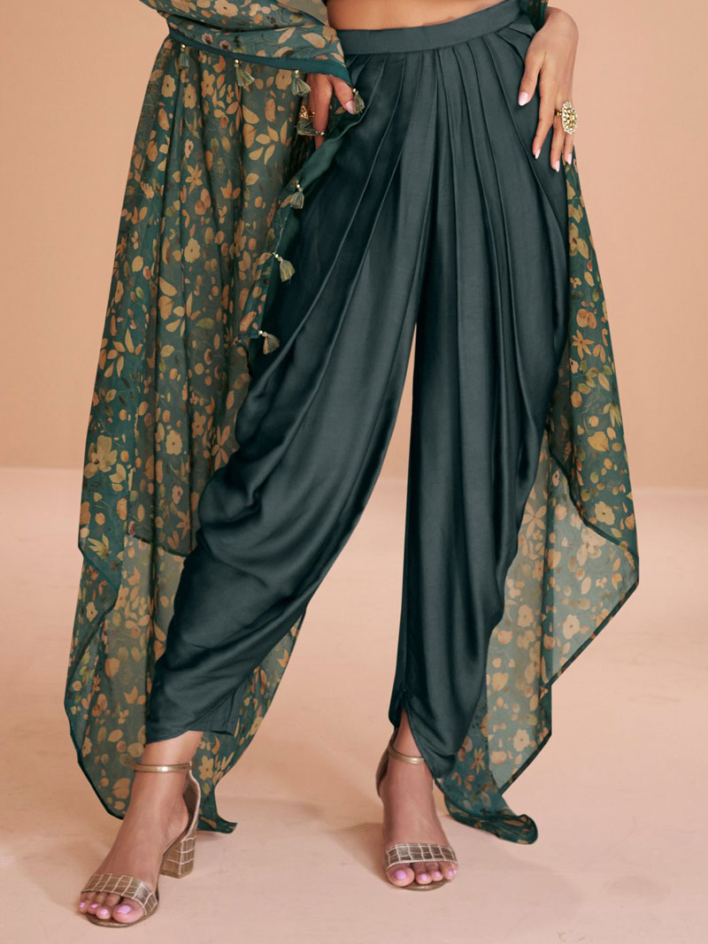 Teal Green Satin Blend Embroidered Indowestern Sets and Suits Party Wear