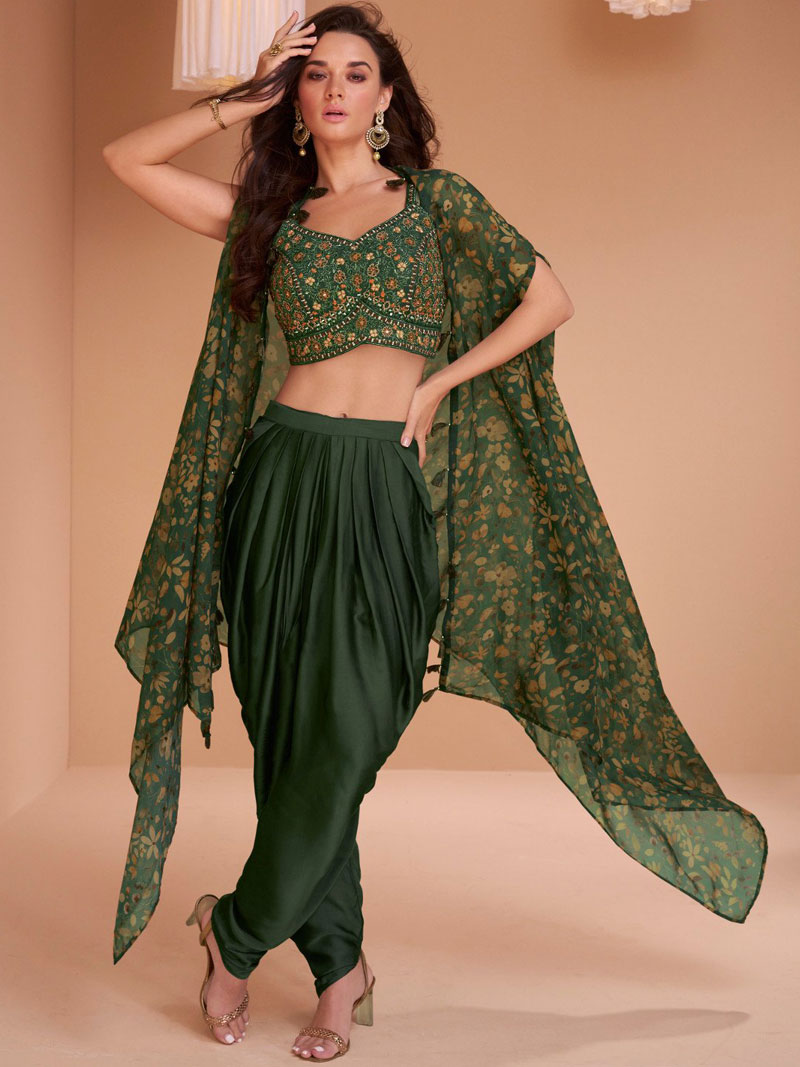 Green Satin Blend Embroidered Indowestern Sets and Suits Party Wear