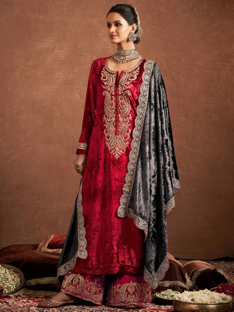 Red Silk Velvet Zari Lace Un-Stitched Suit Set