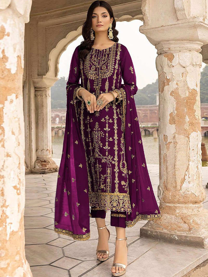 Purple Embroidered Georgette Semi Stitch Stitched Salwar Suit