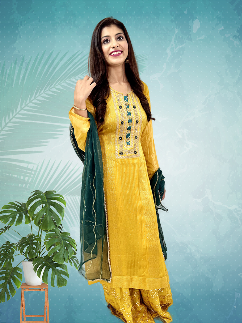 Embroidered Chiffon Suit in Yellow