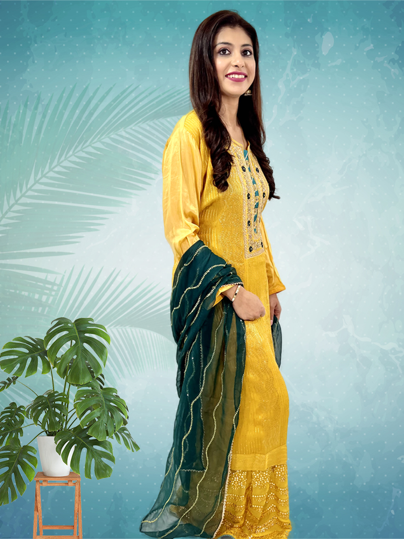 Embroidered Chiffon Suit in Yellow