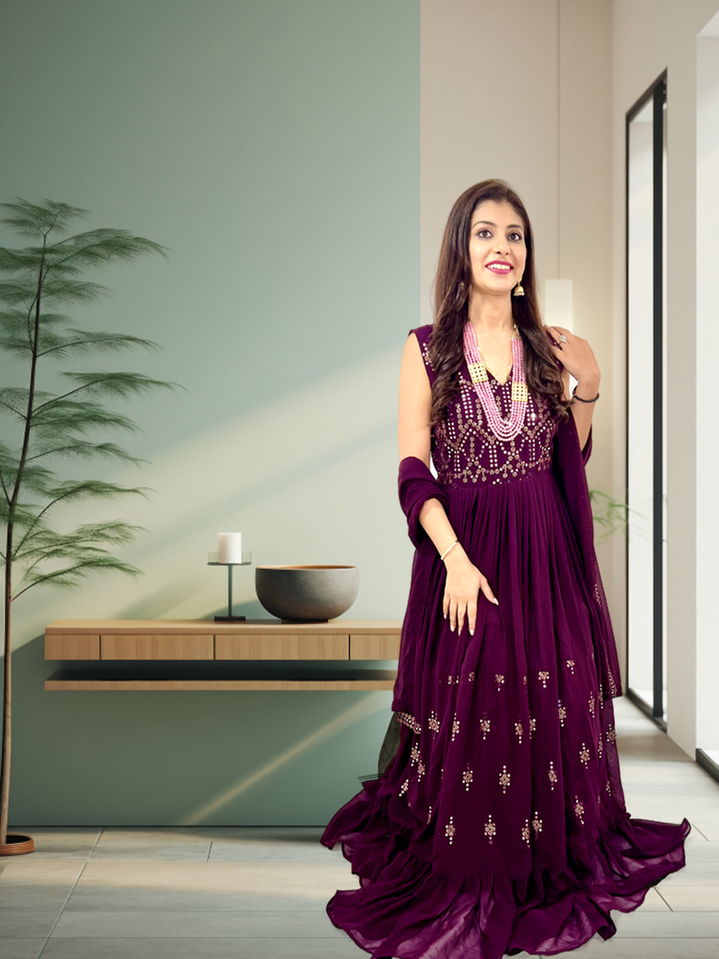 Embroidered Georgette Stitched Flared/A-line Gown