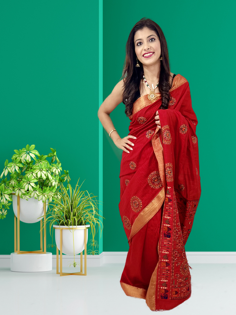 Beautiful Women Red Cotton Silk Saree