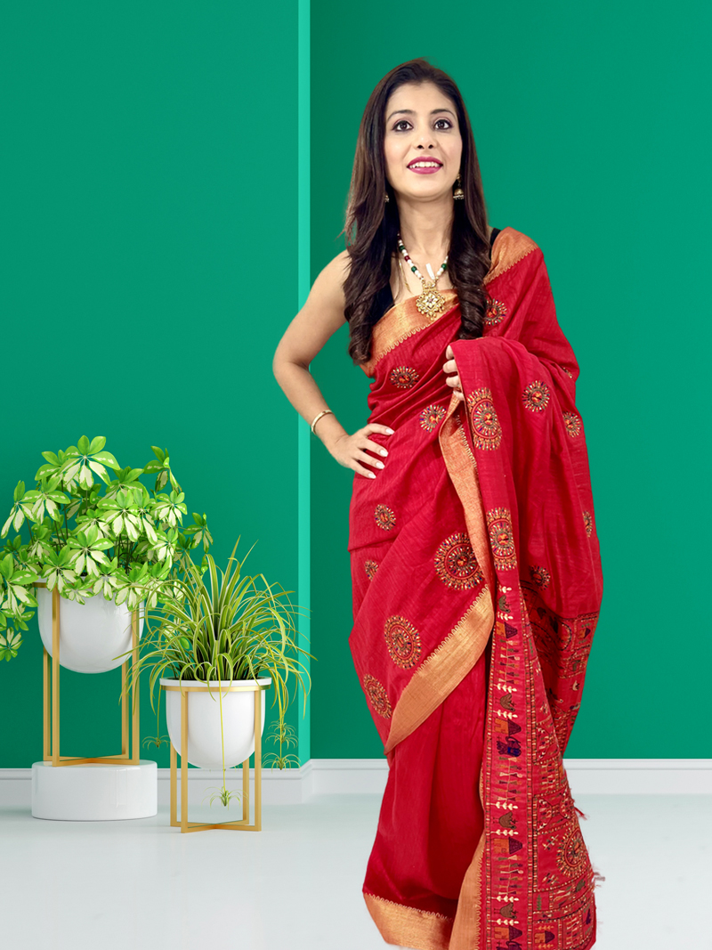 Beautiful Women Red Cotton Silk Saree